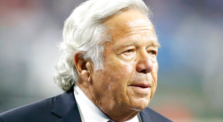 In this Sept. 23, 2018, file photo, New England Patriots owner Robert Kraft walks on the sidelines before an NFL football game against the Detroit Lions in Detroit. AP DO NOT USE