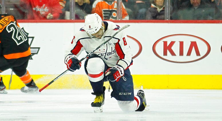 Washington Capitals' Alex Ovechkin celebrates his power play goal during the second period of an NHL hockey game against the Philadelphia Flyers, Wednesday, March 6, 2019, in Philadelphia. AP DO NOT USE