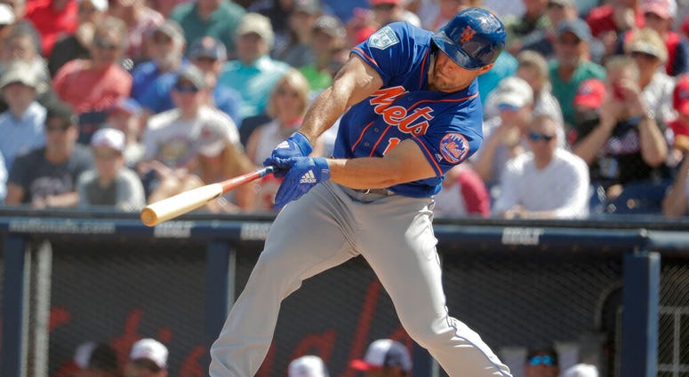 New York Mets' Tim Tebow (15) bats in the first inning during an exhibition spring training baseball game against the Washington Nationals, Thursday, March 7, 2019, in West Palm Beach, Fla. AP DO NOT USE