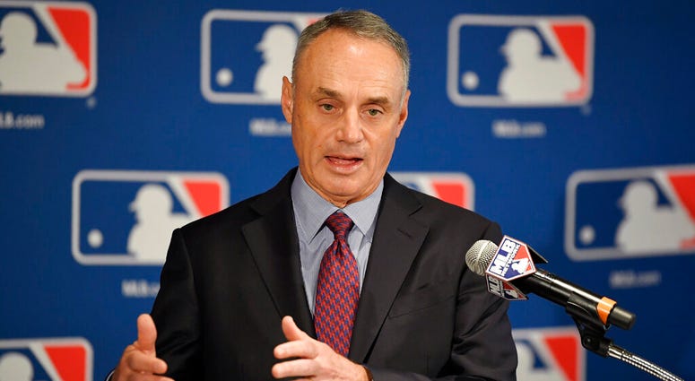 Major League Baseball commissioner Rob Manfred speaks during a news conference in Los Angeles. AP DO NOT USE