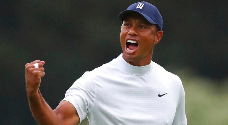 Tiger Woods reacts to his birdie putt on 15 during the second round of the Masters golf tournament Friday, April 12, 2019, at Augusta National Golf Club in Augusta, Ga. AP DO NOT USE