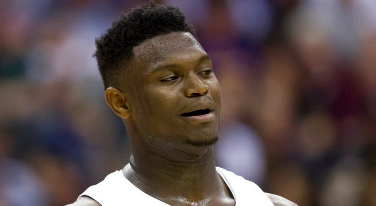 In this March 29, 2019, file photo, Duke forward Zion Williamson (1) reacts during an East Regional semifinal in the NCAA men's basketball tournamenet against Virginia Tech in Washington. AP DO NOT USE