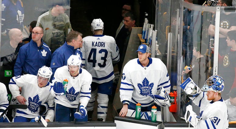 Toronto Maple Leafs center Nazem Kadri (43) leaves the ice after being ejected during the third period of Game 2 of an NHL hockey first-round playoff series against the Boston Bruins, Saturday, April 13, 2019, in Boston. AP DO NOT USE