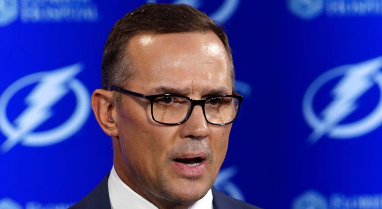 In this Feb. 26, 2018, file photo, Tampa Bay Lightning general manager Steve Yzerman gestures during a news conference before an NHL hockey game against the Toronto Maple Leafs, in Tampa, Fla. AP DO NOT USE