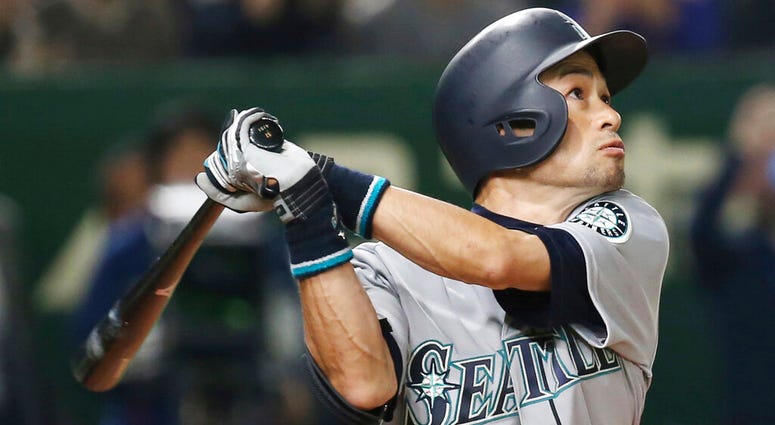 In this March 20, 2019, file photo, Seattle Mariners' Ichiro Suzuki pops out in the third inning of Game 1 of the Major League Baseball opening series against the Oakland Athletics at Tokyo Dome in Tokyo. AP DO NOT USE