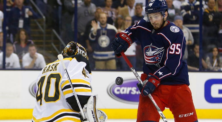 Boston Bruins' Tuukka Rask, left, of Finland, makes a save against Columbus Blue Jackets' Matt Duchene during the second period of Game 6 of an NHL hockey second-round playoff series Monday, May 6, 2019, in Columbus, Ohio. Boston Bruins' Tuukka Rask, left, of Finland, makes a save against Columbus Blue Jackets' Matt Duchene during the second period of Game 6 of an NHL hockey second-round playoff series Monday, May 6, 2019, in Columbus, Ohio.