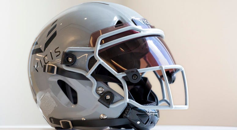 a VICIS Zero1 helmet is displayed in New York. a VICIS Zero1 helmet is displayed in New York.