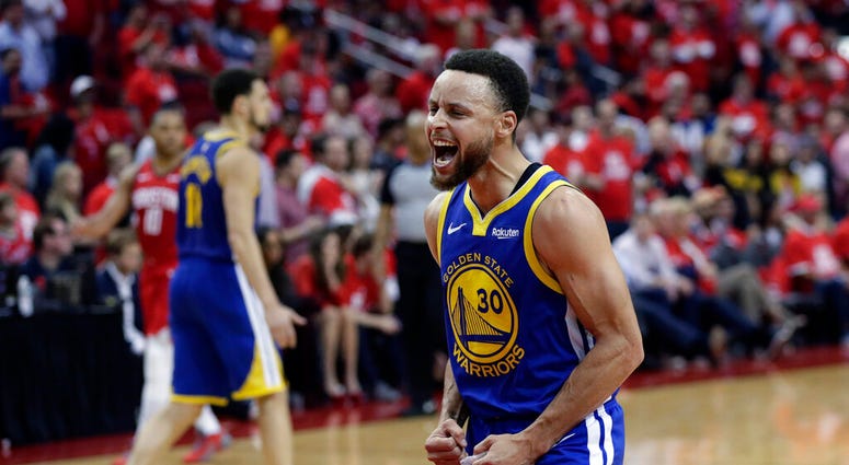 Golden State Warriors guard Stephen Curry (30) celebrates the team's win over the Houston Rockets in Game 6 of a second-round NBA basketball playoff series, Friday, May 10, 2019, in Houston. Golden State won 118-113, winning the series. Golden State Warriors guard Stephen Curry (30) celebrates the team's win over the Houston Rockets in Game 6 of a second-round NBA basketball playoff series, Friday, May 10, 2019, in Houston. Golden State won 118-113, winning the series.