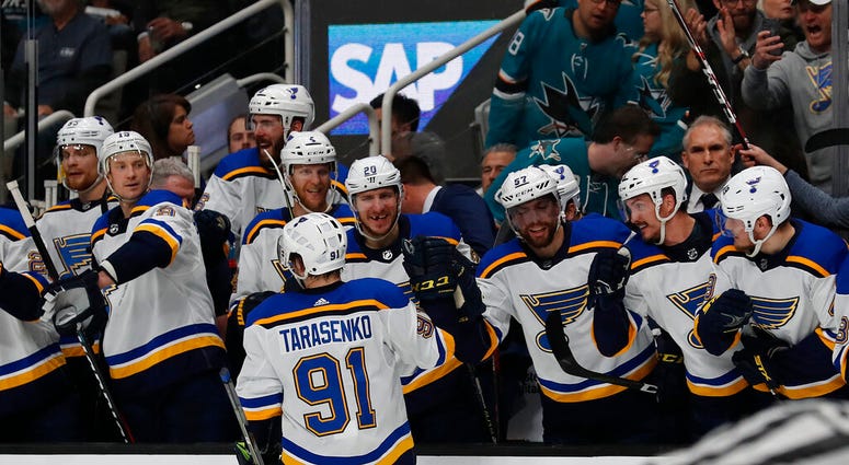 St. Louis Blues' Vladimir Tarasenko (91) celebrates a goal with the bench in the second period in Game 5 of the NHL hockey Stanley Cup Western Conference finals against the San Jose Sharks in San Jose, Calif., on Sunday, May 19, 2019. St. Louis Blues' Vladimir Tarasenko (91) celebrates a goal with the bench in the second period in Game 5 of the NHL hockey Stanley Cup Western Conference finals against the San Jose Sharks in San Jose, Calif., on Sunday, May 19, 2019.