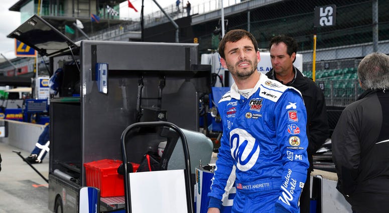 n a photo provided by IMS Photo, Jarrett Andretti waits before testing for the Freedom 100 Indy Lights auto race at Indianapolis Motor Speedway in Indianapolis on Monday, May 20, 2019. AP DO NOT USE