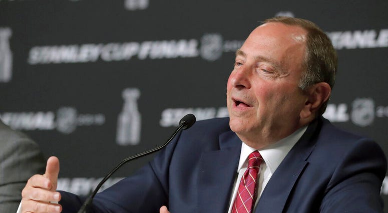 NHL Commissioner Gary Bettman speaks to the media before Game 1 of the NHL hockey Stanley Cup Final between the St. Louis Blues and the Boston Bruins, Monday, May 27, 2019, in Boston NHL Commissioner Gary Bettman speaks to the media before Game 1 of the NHL hockey Stanley Cup Final between the St. Louis Blues and the Boston Bruins, Monday, May 27, 2019, in Boston