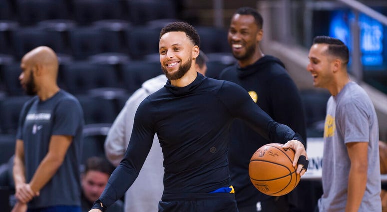 Golden State Warriors guard Stephen Curry smiles during practice for the NBA Finals against the Toronto Raptors in Toronto, Wednesday, May 29, 2019. Game 1 of the NBA Finals is Thursday in Toronto. Golden State Warriors guard Stephen Curry smiles during practice for the NBA Finals against the Toronto Raptors in Toronto, Wednesday, May 29, 2019. Game 1 of the NBA Finals is Thursday in Toronto.