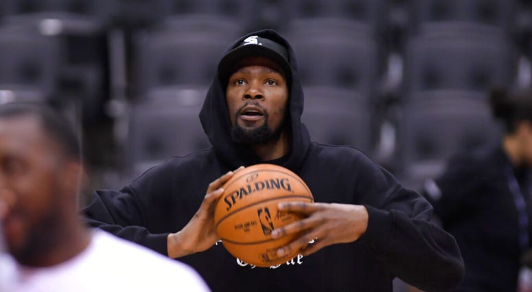Golden State Warriors Kevin Durant watches during basketball practice at the NBA Finals in Toronto, Saturday, June 1, 2019. Golden State Warriors Kevin Durant watches during basketball practice at the NBA Finals in Toronto, Saturday, June 1, 2019.