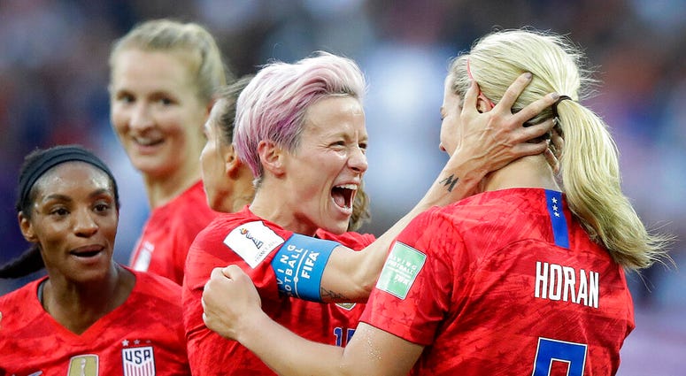 United States' scorer Lindsey Horan, right, celebrates their side's 3rd goal with Megan Rapinoe during the Women's World Cup Group F soccer match between United States and Thailand AP DO NOT USE