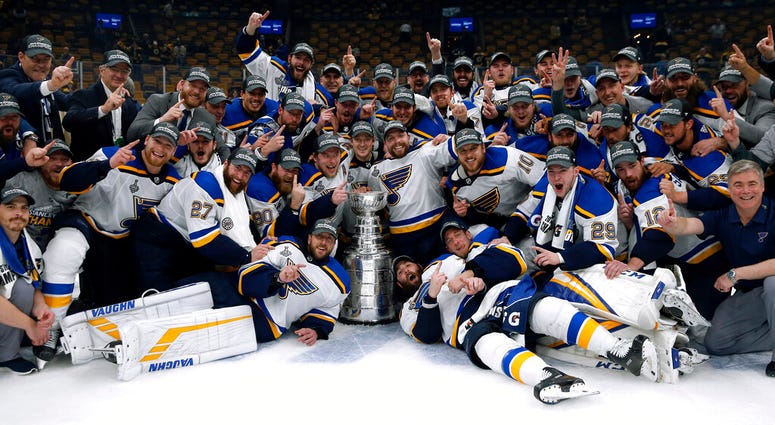 The St. Louis Blues celebrate with the Stanley Cup after they defeated the Boston Bruins in Game 7 of the NHL Stanley Cup Final, Wednesday, June 12, 2019, in Boston. The St. Louis Blues celebrate with the Stanley Cup after they defeated the Boston Bruins in Game 7 of the NHL Stanley Cup Final, Wednesday, June 12, 2019, in Boston.