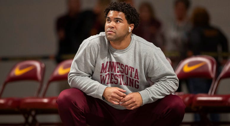 Gable Steveson warms up before wrestling in an NCAA Big Ten tournament in Minneapolis, Minn, Sunday, Jan. 6, 2019. AP DO NOT USE