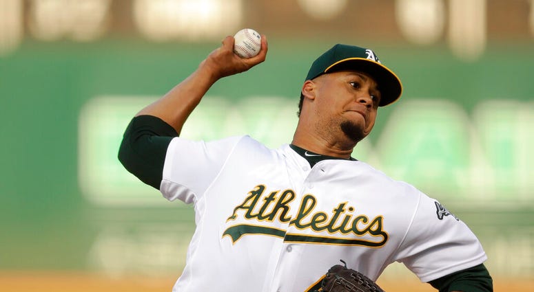 Oakland Athletics pitcher Frankie Montas works against the Tampa Bay Rays during the first inning of a baseball game Thursday, June 20, 2019, in Oakland, Calif. Oakland Athletics pitcher Frankie Montas works against the Tampa Bay Rays during the first inning of a baseball game Thursday, June 20, 2019, in Oakland, Calif.