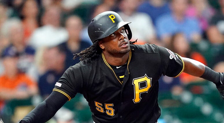 Pittsburgh Pirates' Josh Bell drops his bat after hitting a two-run home run against the Houston Astros during the first inning of a baseball game Wednesday, June 26, 2019, in Houston.