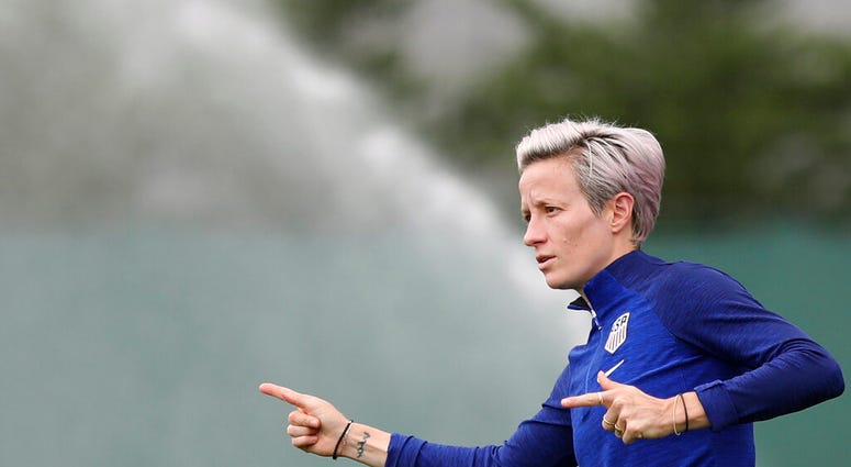 United States' Megan Rapinoe gestures during a training session of the US Women's Soccer team at a training ground in Lyon, France, Monday, July 1, 2019. The US will face England in a Women's World Cup semifinal match Tuesday in Lyon.