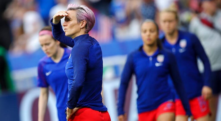 United States' Megan Rapinoe warms up before the Women's World Cup semifinal soccer match between England and the United States, at the Stade de Lyon outside Lyon, France, Tuesday, July 2, 2019. United States' Megan Rapinoe warms up before the Women's World Cup semifinal soccer match between England and the United States, at the Stade de Lyon outside Lyon, France, Tuesday, July 2, 2019.