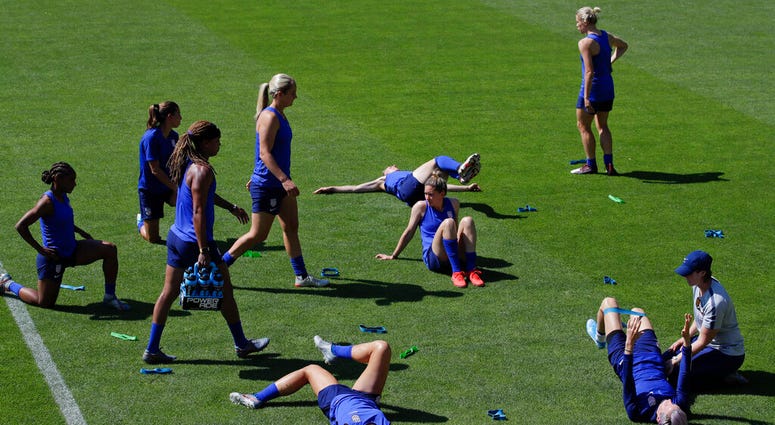 United States' players warm up during a training session at the Gymnase Parc des Sports in Limonest, outside Lyon, France, a day before their Women's World Cup final match against the Netherlands, Saturday, July 6, 2019. United States' players warm up during a training session at the Gymnase Parc des Sports in Limonest, outside Lyon, France, a day before their Women's World Cup final match against the Netherlands, Saturday, July 6, 2019.