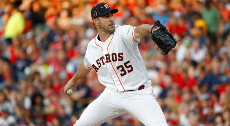 American League starting pitcher Justin Verlander, of the Houston Astros, throws during the first inning of the MLB baseball All-Star Game against the National League, Tuesday, July 9, 2019, in Cleveland. AP DO NOT USE