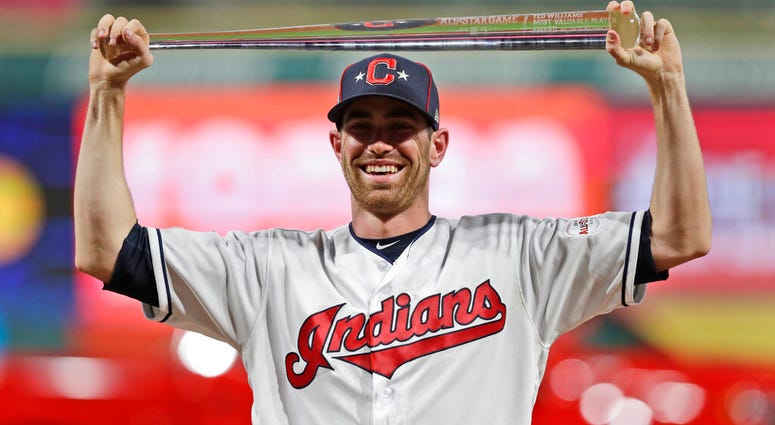 American League pitcher Shane Bieber, of the Cleveland Indians, holds the MVP trophy the MLB baseball All-Star Game, Tuesday, July 9, 2019, in Cleveland. The American League defeated the National League 4-3.