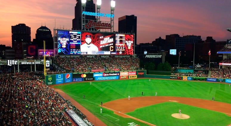 Carlos Santana of the Cleveland Indians bats during the Major League Baseball All-Star Game at Progressive Field in Cleveland Tuesday, July 9, 2019. AP DO NOT USE