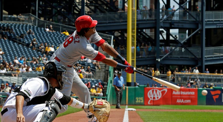 St. Louis Cardinals' Jose Martinez drives in a run with an RBI single off Pittsburgh Pirates starting pitcher Joe Musgrove during the first inning of a baseball game in Pittsburgh, Thursday, July 25, 2019.