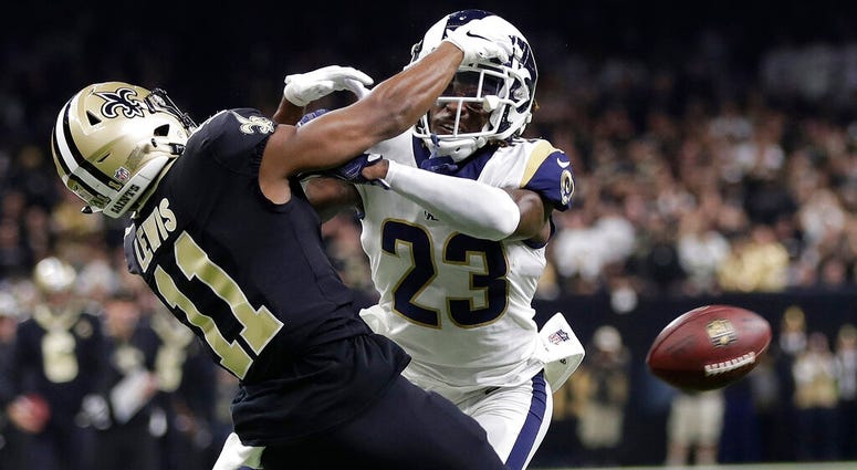 In this Jan. 20, 2019, file photo, Los Angeles Rams' Nickell Robey-Coleman breaks up a pass intended for New Orleans Saints' Tommylee Lewis during the second half of the NFL football NFC championship game in New Orleans. AP DO NO TUSE