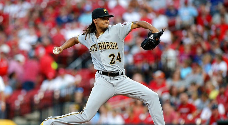 Pittsburgh Pirates starting pitcher Chris Archer throws during the first inning of a baseball game against the St. Louis Cardinals, Friday, Aug. 9, 2019, in St. Louis.