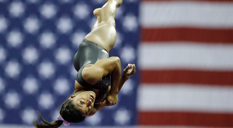 Simone Biles practices on vault for the senior women's competition at the 2019 U.S. Gymnastics Championships Sunday, Aug. 11, 2019, in Kansas City, Mo. Simone Biles practices on vault for the senior women's competition at the 2019 U.S. Gymnastics Championships Sunday, Aug. 11, 2019, in Kansas City, Mo.