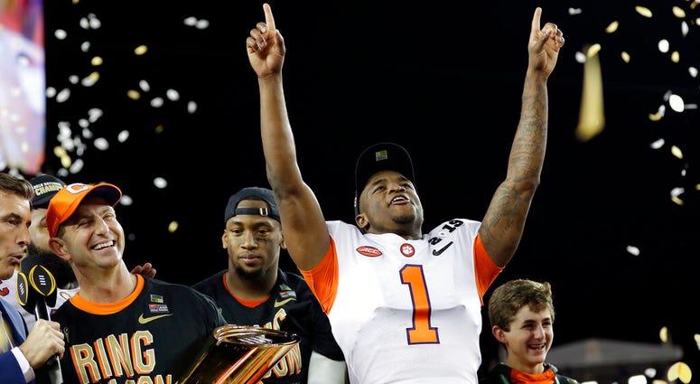 In this Jan. 7, 2019, file photo, Clemson's Trayvon Mullen celebrates after the NCAA college football playoff championship game against Alabama, in Santa Clara, Calif. AP DO NOT USE