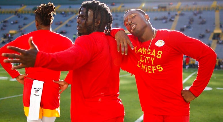 Kansas City Chiefs' Tyreek Hill and Mecole Hardman have some fun before a preseason NFL football game Thursday, Aug. 29, 2019, in Green Bay, Wis. AP DO NOT USE