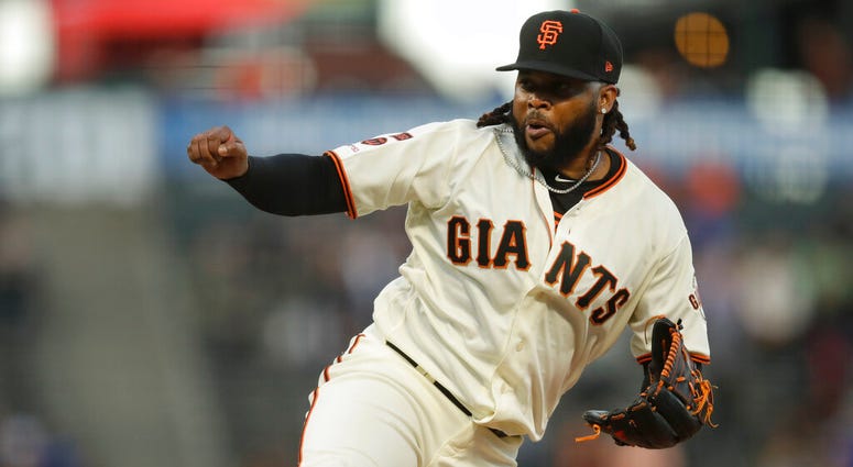San Francisco Giants pitcher Johnny Cueto works against the Pittsburgh Pirates during the first inning of a baseball game Tuesday, Sept. 10, 2019, in San Francisco. AP DO NOT USE