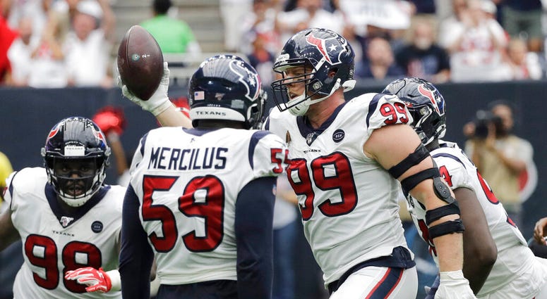 Houston Texans defensive end J.J. Watt (99) celebrates after he recovered a ball fumbled by Jacksonville Jaguars quarterback Gardner Minshew during the second half of an NFL football game Sunday, Sept. 15, 2019, in Houston. ( Houston Texans defensive end J.J. Watt (99) celebrates after he recovered a ball fumbled by Jacksonville Jaguars quarterback Gardner Minshew during the second half of an NFL football game Sunday, Sept. 15, 2019, in Houston. (