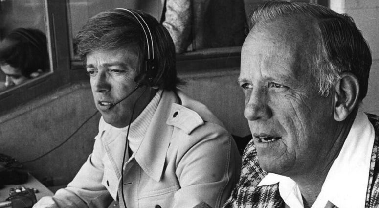 Marty Brennaman, left, and Joe Nuxhall in the Reds radio booth at Riverfront Stadium in Cincinnati. Marty Brennaman, left, and Joe Nuxhall in the Reds radio booth at Riverfront Stadium in Cincinnati.