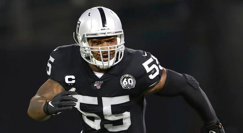 In this Sept. 9, 2019, file photo, Oakland Raiders linebacker Vontaze Burfict (55) runs to help make the stop on a rushing play during an NFL football game,