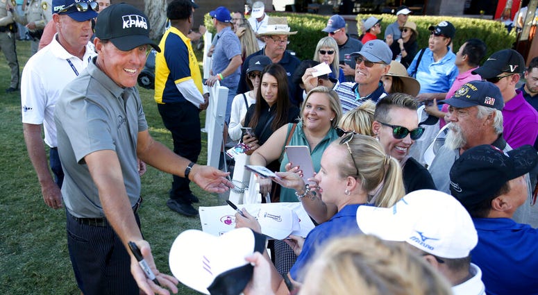 Phil Mickelson signs autographs after finishing the 18th hole during the second round of Shriners Hospitals for Children Open golf tournament at TPC Summerlin in Las Vegas on Friday, Oct. 4, 2019. ( Phil Mickelson signs autographs after finishing the 18th hole during the second round of Shriners Hospitals for Children Open golf tournament at TPC Summerlin in Las Vegas on Friday, Oct. 4, 2019. (