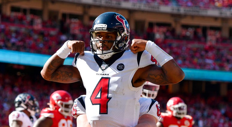 Houston Texans quarterback Deshaun Watson (4) celebrates his touchdown against the Kansas City Chiefs during the second half of an NFL football game in Kansas City, Mo., Sunday, Oct. 13, 2019. Houston Texans quarterback Deshaun Watson (4) celebrates his t Houston Texans quarterback Deshaun Watson (4) celebrates his touchdown against the Kansas City Chiefs during the second half of an NFL football game in Kansas City, Mo., Sunday, Oct. 13, 2019.