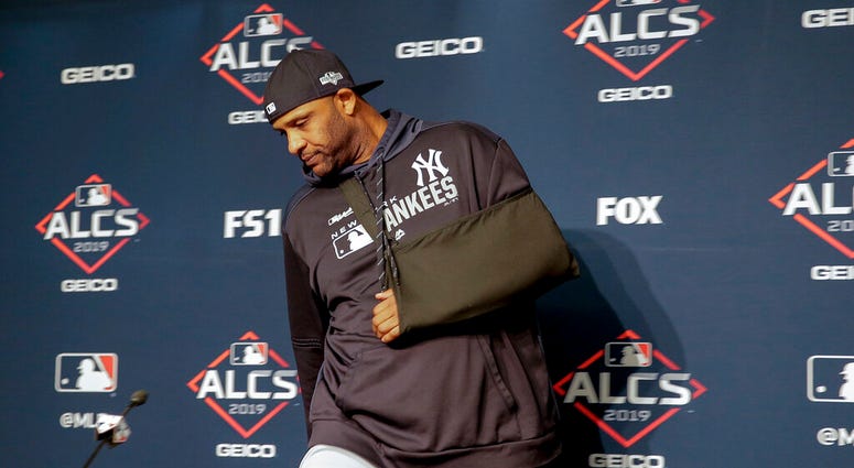New York Yankees pitcher CC Sabathia arrives at a news conference to answer questions before Game 5 of baseball's American League Championship Series against the Houston Astros, Friday, Oct. 18, 2019, in New York. New York Yankees pitcher CC Sabathia arrives at a news conference to answer questions before Game 5 of baseball's American League Championship Series against the Houston Astros, Friday, Oct. 18, 2019, in New York.