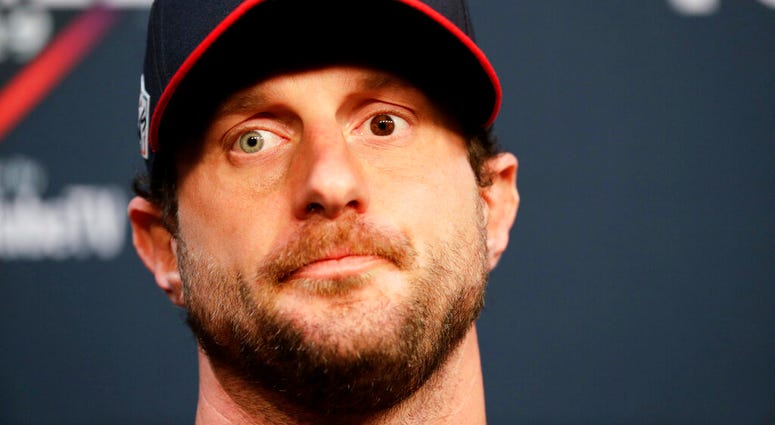 Washington Nationals starting pitcher Max Scherzer speaks during a news conference for baseball's World Series Monday, Oct. 21, 2019, in Houston. AP DO NOT USE
