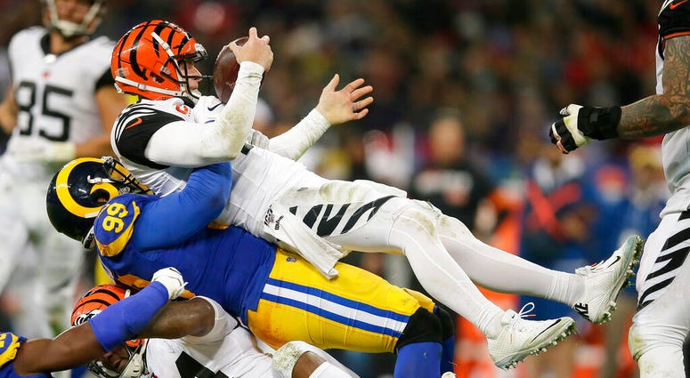 os Angeles Rams defensive tackle Aaron Donald during the second half of an NFL football game, Sunday, Oct. 27, 2019, at Wembley Stadium in London. os Angeles Rams defensive tackle Aaron Donald during the second half of an NFL football game, Sunday, Oct. 27, 2019, at Wembley Stadium in London.