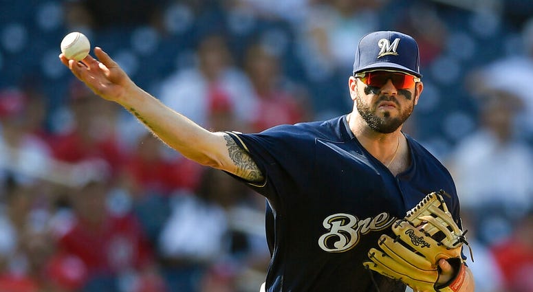 Milwaukee Brewers third baseman Mike Moustakas Milwaukee Brewers third baseman Mike Moustakas