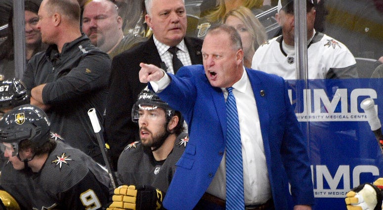 Vegas Golden Knights coach Gerard Gallant questions a call during the first period of the team's NHL hockey game against the Arizona Coyotes on Saturday, Dec. 28, 2019, in Las Vegas.