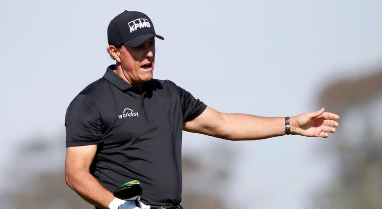 Phil Mickelson yells out as his shot from the fifth tee goes wide left on the Torrey Pines South Course during the first round of The Farmers Insurance golf tournament in San Diego, Thursday, Jan. 23, 2020.