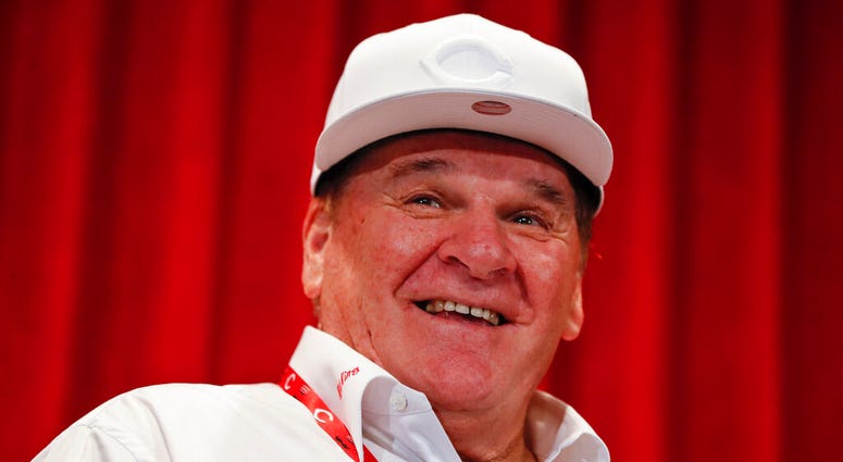 In this June 17, 2017, file photo, former Cincinnati Reds player Pete Rose attends a news conference during his statue dedication ceremonies before a baseball game between the Reds and the Los Angeles Dodgers