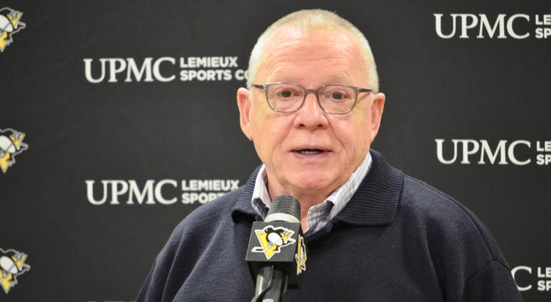Penguins GM Jim Rutherford at a press conference in 2019