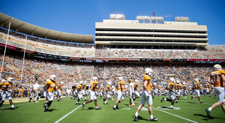 KNOXVILLE, TENNESSEE - AUGUST 31: The Tennessee Volunteers warm up before the season opener against the Georgia State Panthers at Neyland Stadium on August 31, 2019 in Knoxville, Tennessee.