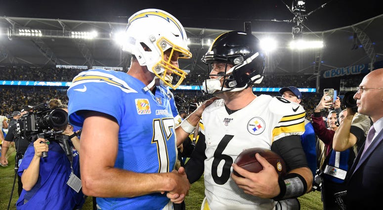 Philip Rivers of the Los Angeles Chargers congratulates Devlin Hodges of the Pittsburgh Steelers after a 24-17 Steelers win Philip Rivers of the Los Angeles Chargers congratulates Devlin Hodges of the Pittsburgh Steelers after a 24-17 Steelers win
